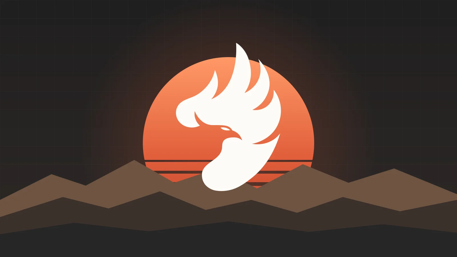 Phoenix Tech Lab's phoenix logo rising over a striped desert sunset and mountain ridges